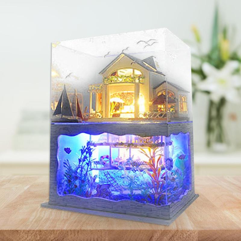 Villa Doll House Furniture LED Light DIY Wooden Mini Dollhouse Assemble Toy