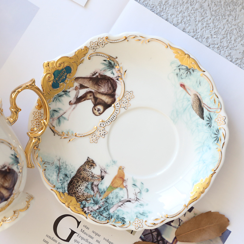 YeFine Jungle Animal Gold Bone China Tea Cup Saucer British Style Ceramic Coffee Cups Sets Fashion Porcelain Teacup