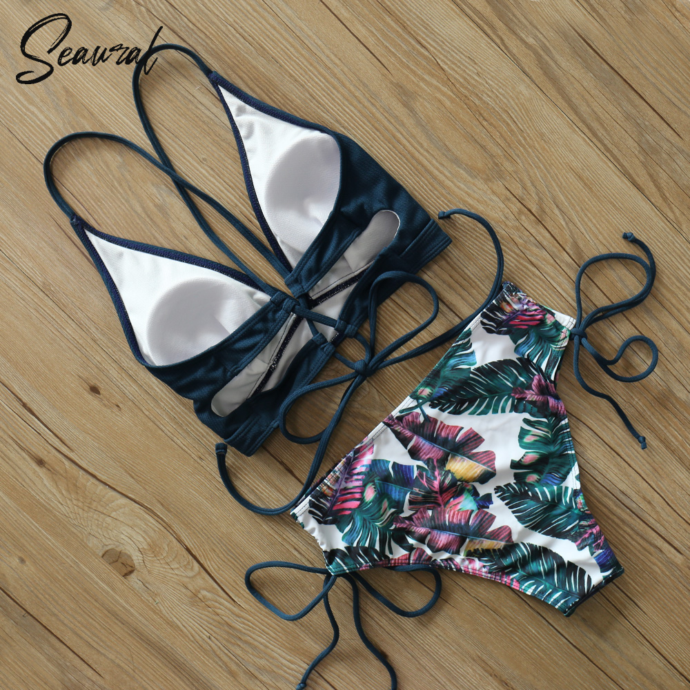 2020 New Sexy Leaf Print Bikini Set Female Swimsuit Women Swimwear Push Up Strappy High Waist Bathing Suit Beach Wear Biquini