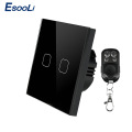 Esooli EU/UK Standard 2 Gang 1 Way remote control switch, AC 170~240V Wall Light Remote Touch Switch With Mini Remote Controller