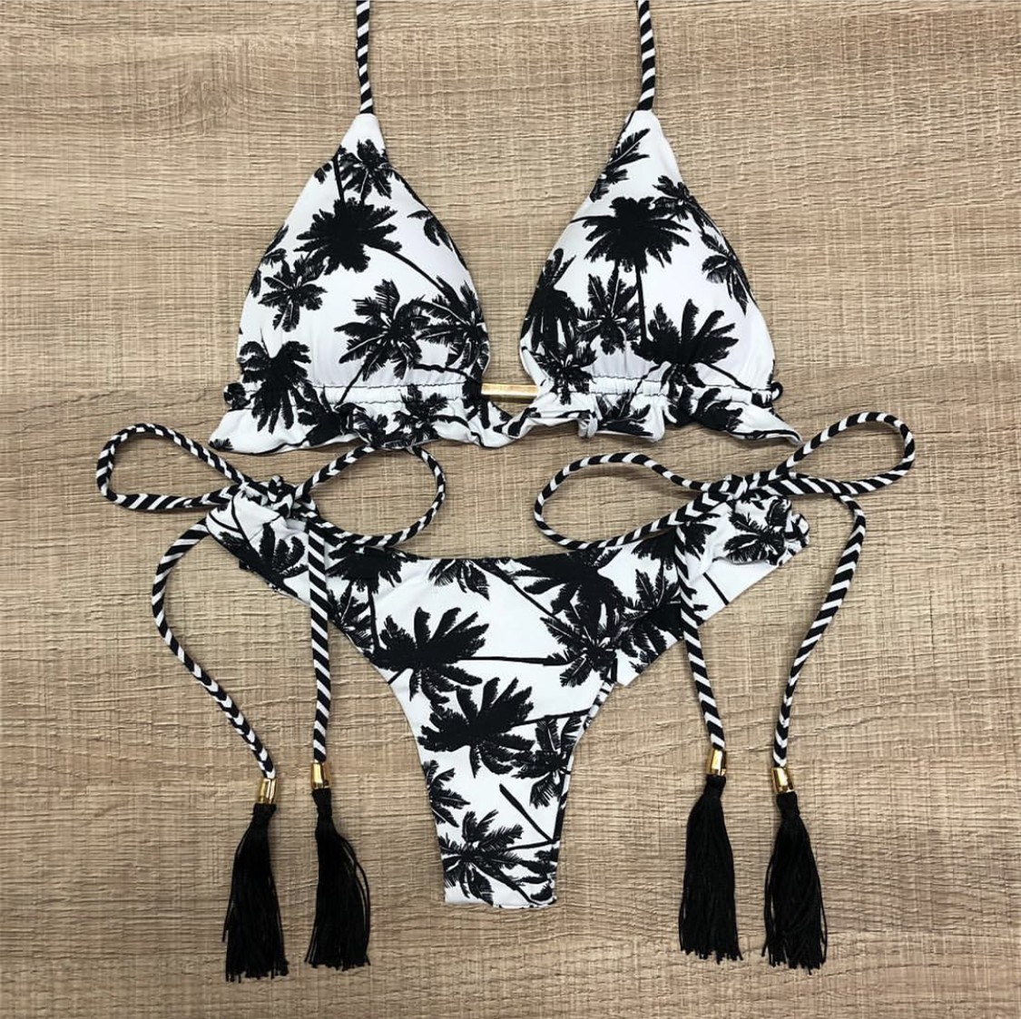 Women's Sexy Bikini Swimsuit Bronzing Printed Tassel Lace Split Bikini Push-up Beachwear Swimwear Swimwear#40