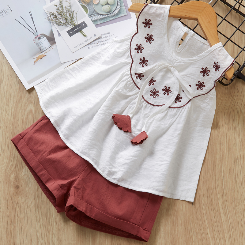 Menoea Girls Clothing Sets Cute Doll Collar Kids Clothing Sets Sleeveless Casual T-Shirt + Short 2Pcs Girl Clothes Suits