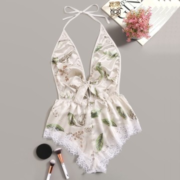 2020 Women Printing Floral Lace Sling Lingerie V-Neck Sleeveless Bodysuit Fashion Design Backless Pajamas Silk Satin Jumpsuit