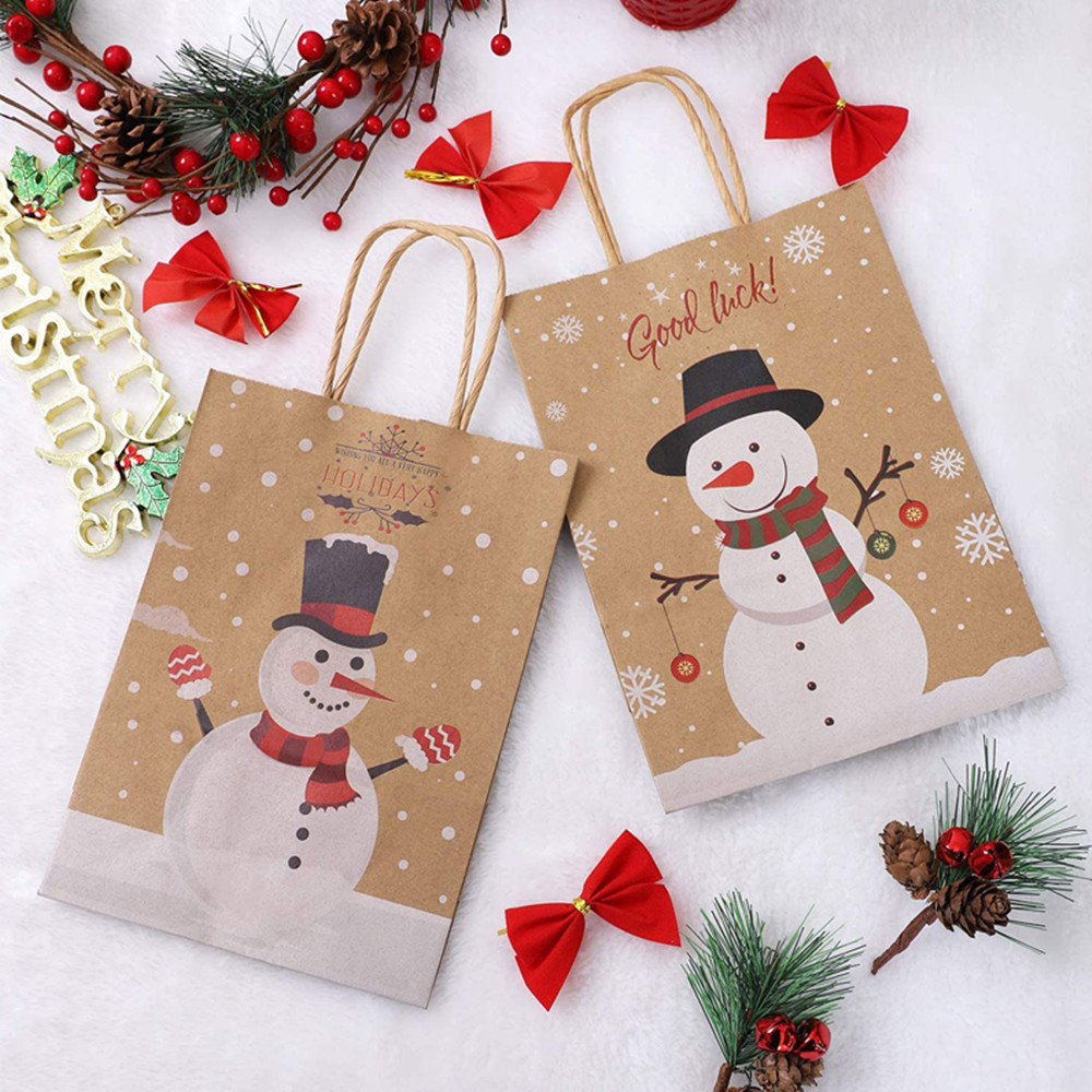 4/12pcs Kraft Paper Bags Snowman Christmas Gift Bags with Handle 16cm x8cm x22cm Cookie Packaging Bags Wedding Party Favor Boxes