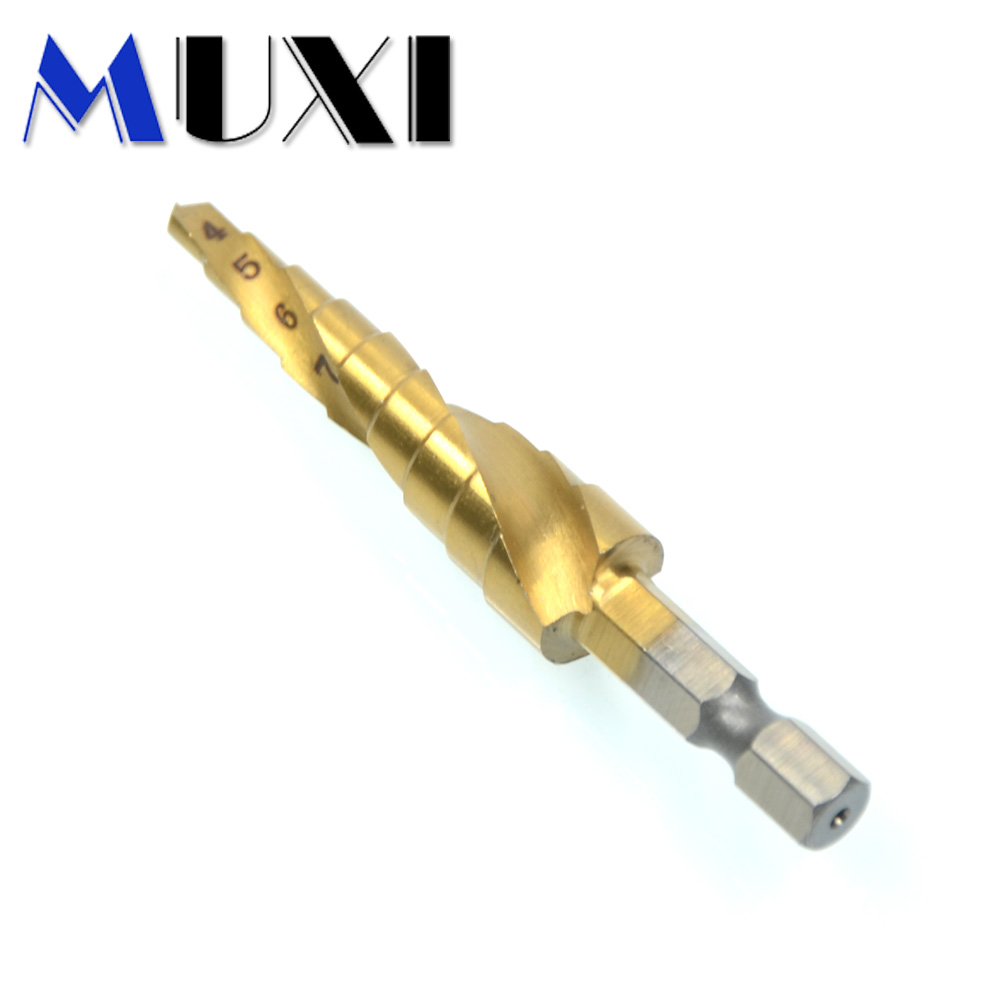 Titanium Coated Spiral Step Drill Bit Set 4-12/4-20/4-32mm 1/4-Inch hex Shank Drive Quick Change Woodworking Punching Tools