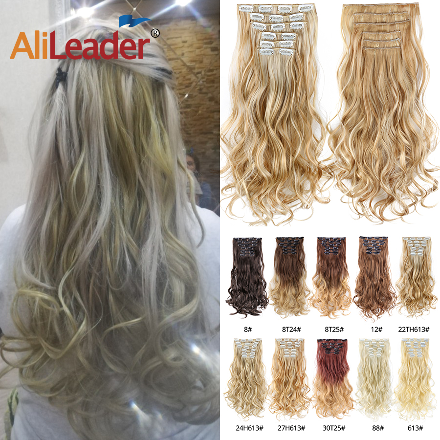 Alileader 22Inch 16Clips In Hair Extension Wave Synthetic Clip In Hair Extensions Ombre Black Brown 16Clips In Fake Hairpieces