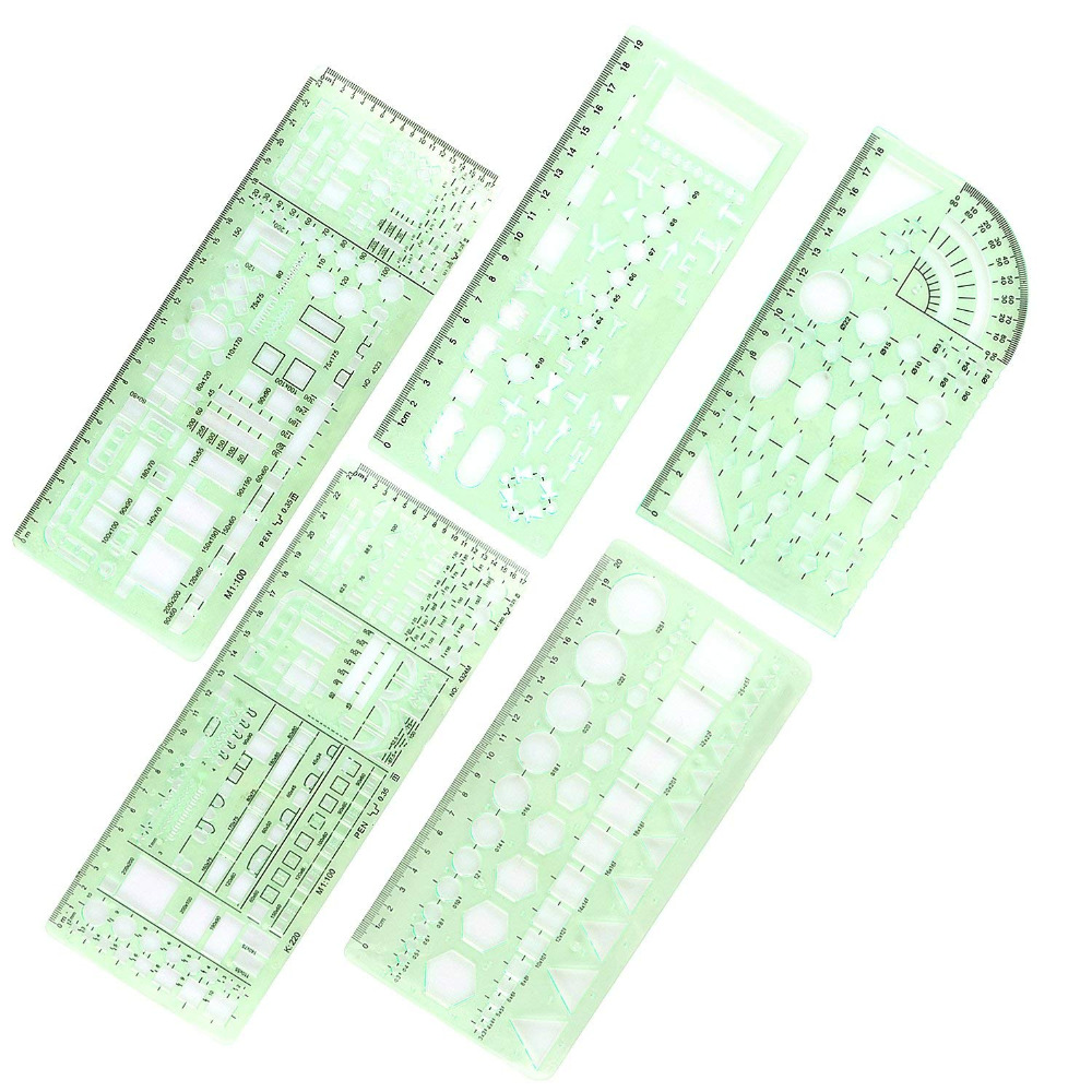 XRHYY 5PCS Expanded House Plan Template Measuring Geometric Rulers for Office and School Building formwork Drawings Templates