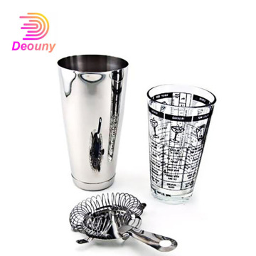 DEOUNY 3Pcs Boston Shaker Silver Glass Measuring Cocktail Shaker Bartender Kit With Strainer Home 700/400ML Bar Accessories Set