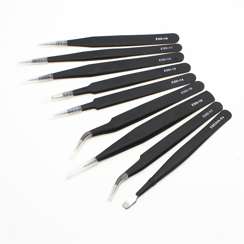 9-piece suit without flanges Stainless steel precision black ESD anti-static tweezers Tips Elbow disassemble tools Belt bag kit