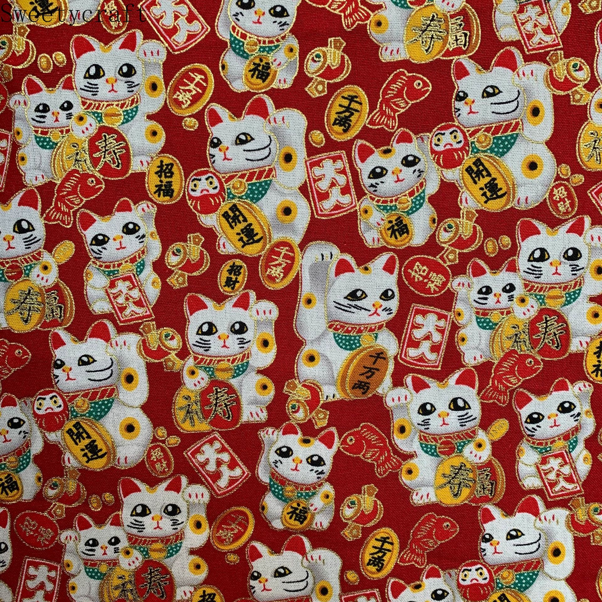 150x100cm Lucky Cat Printed bronzing Cotton Fabric Cloth Sewing Quilting Fabric for Patchwork Needlework DIY Handmade Material