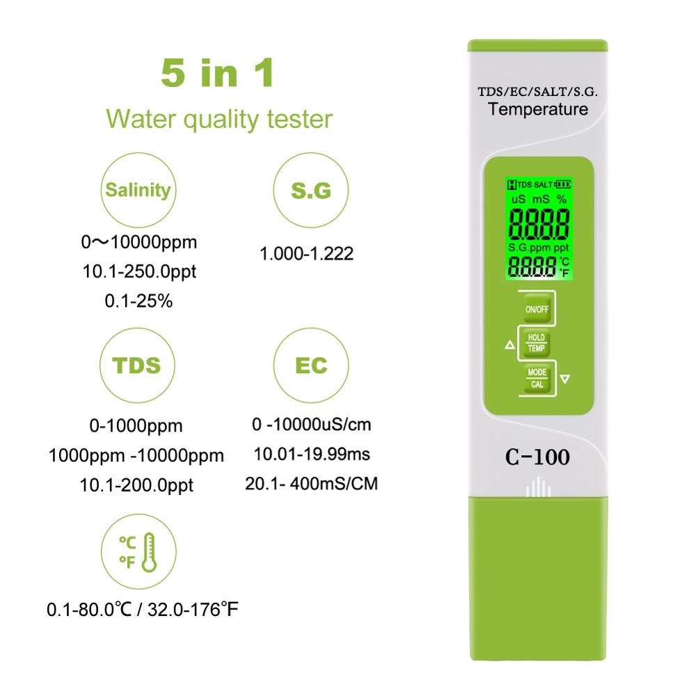 yieryi pH/TDS/EC/SALT/S.G./Temperature Meter Digital Water Quality Monitor Tester for Pools, Drinking Water, Aquariums