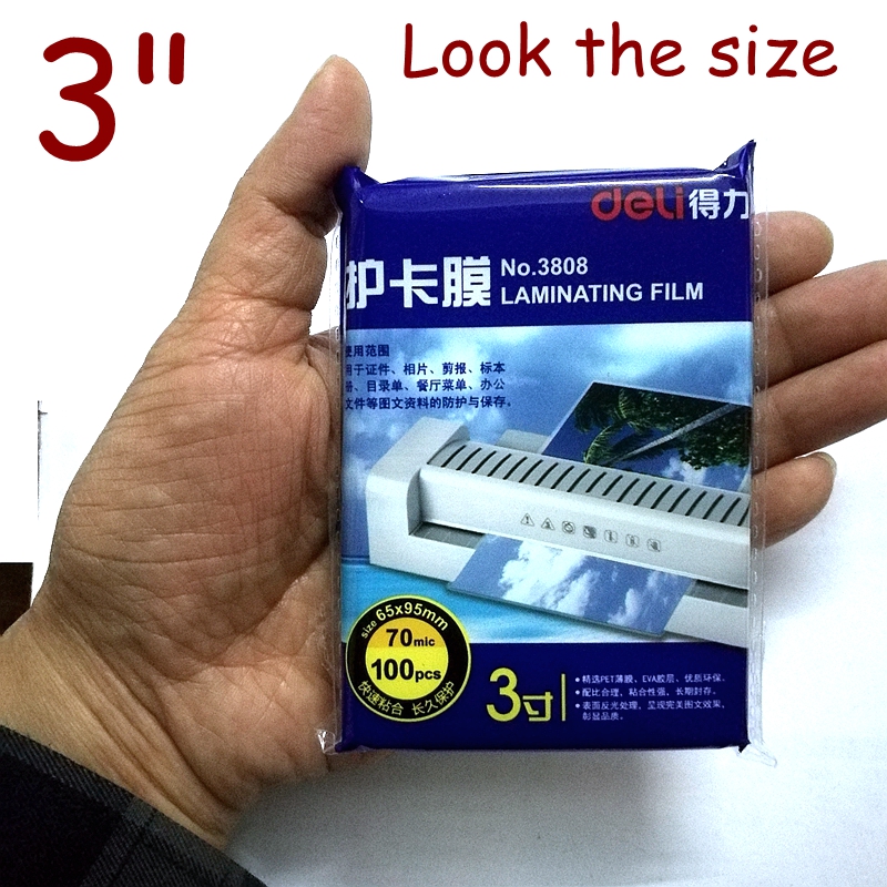 1 BAG 100PCS/lot Deli 3808 thermal laminating film 3"(65x95mm) size 70 mic photo documents PET hot laminator film pouch film