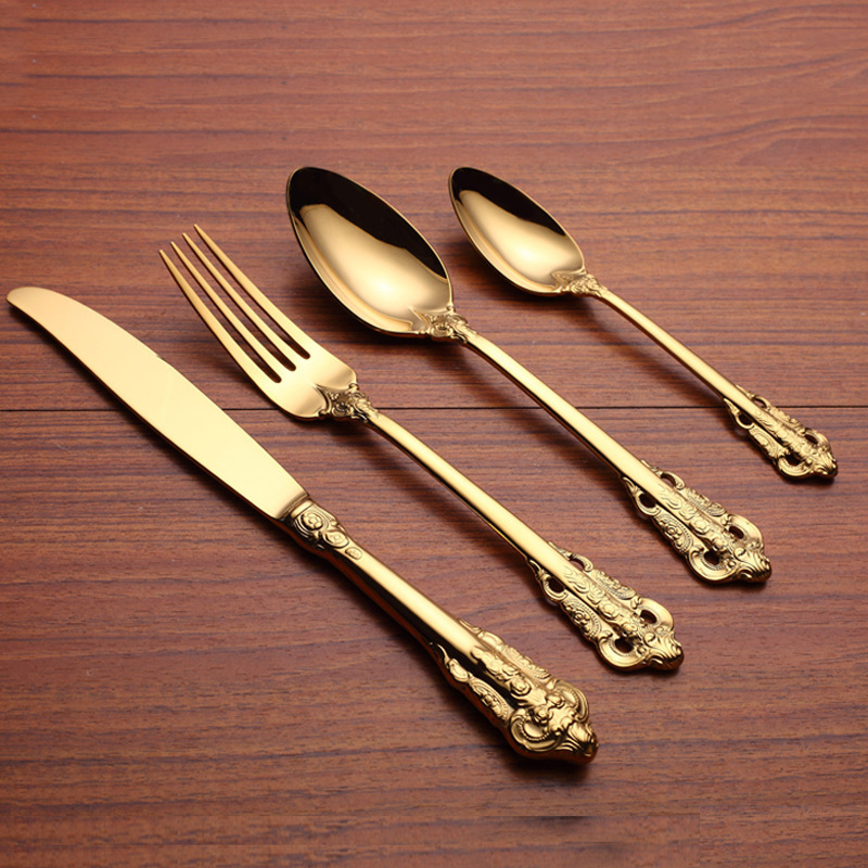 Tablewellware Stainless Steel Cutlery Set Forks Knives Spoons Tableware Vintage Set Kitchen Gold Dinner Set Royal Dinnerware New