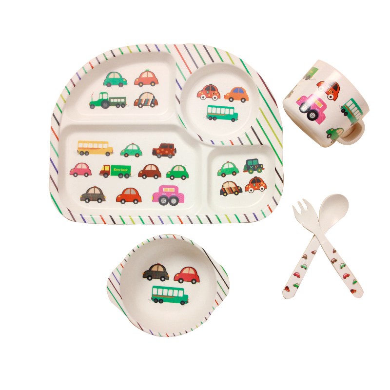 Cartoon Bamboo Fiber Baby Feeding Plate Children Tableware Tray Dish Bowl Fork Spoon Cup Food Training Dinnerware Set Kids Gift