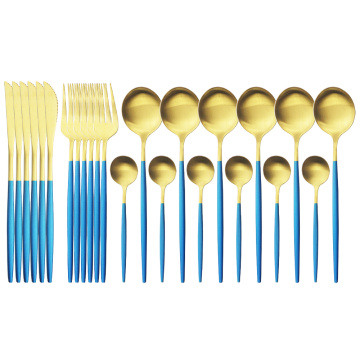 24Pcs/Set Stainless Steel Dinnerware Set Blue Gold Cutlery Set Knives Forks Coffee Spoon Dinner Silverware Kitchen Tableware Set