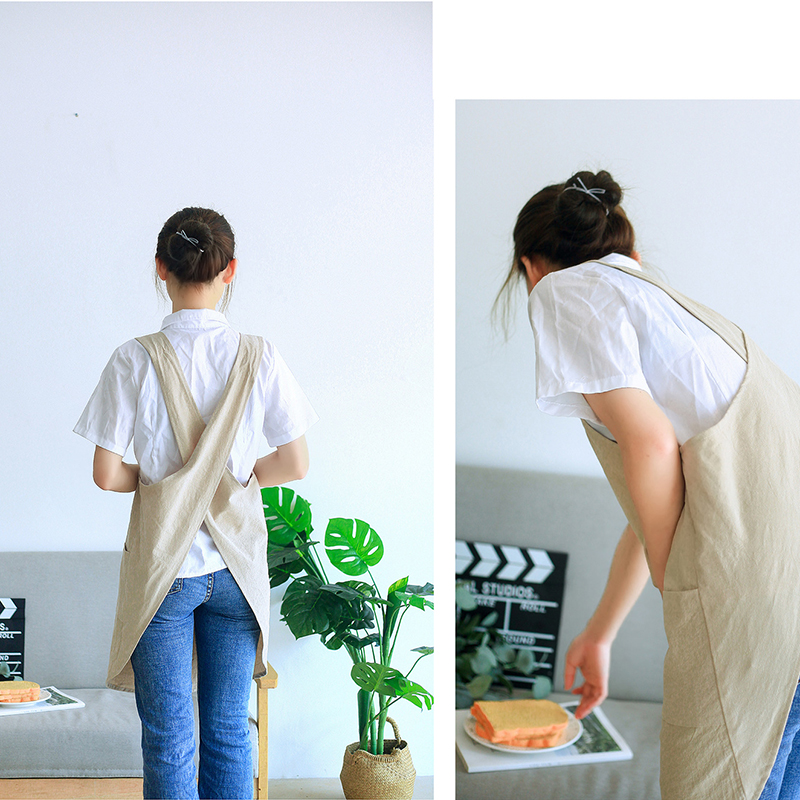 Apron Home Blouse Florist No Lace Bib Cotton And Linen Waterproof Cross Back Apron Kitchen Cooking Double Pocket Apron