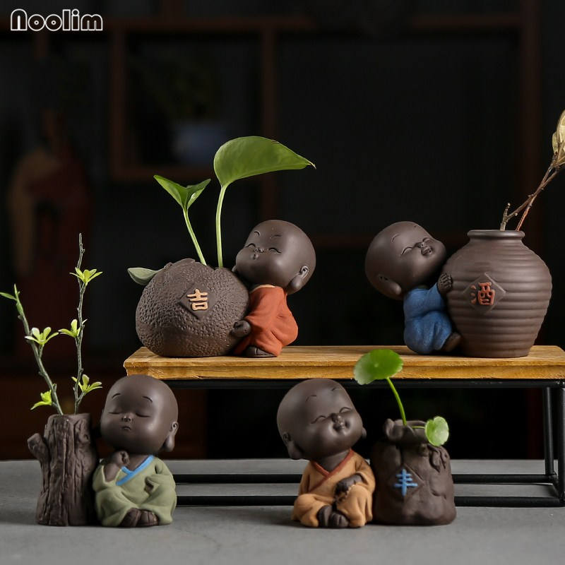 NOOLIM Ceramic Retro Zen Small Monk Vase Creative Personality Small Monk Hydroponic Plant Dried Flower Scindapsus Container