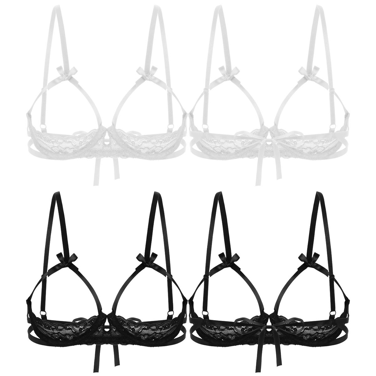 Women Erotic Open Cups Bra See Through Sheer Lace Sexy Lingerie Ribbons Tie-up Adjustable Straps Underwired Transparent Bra Tops