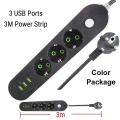 EU Plug Power Strip Socket 3 Outlet 3Port USB Multi Cable Extension Cord Outlet Socket 2M/3M