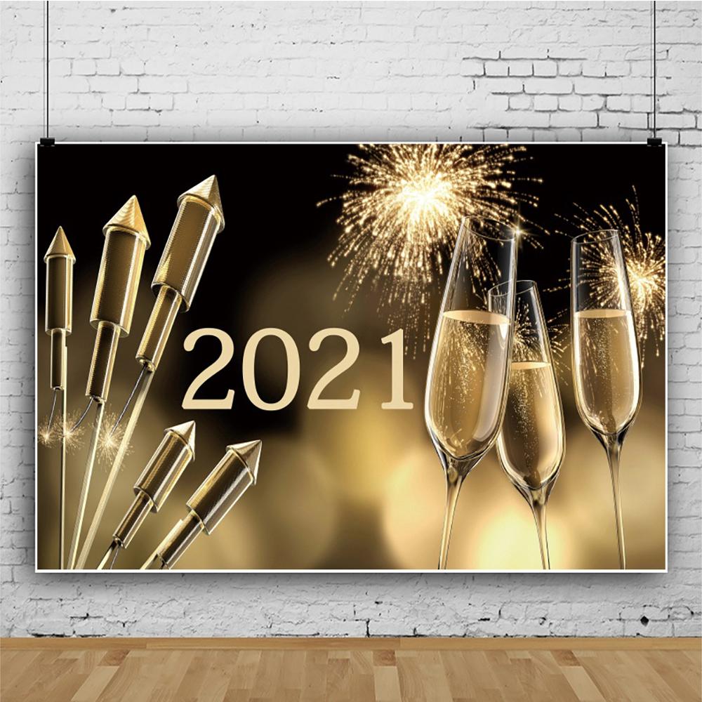 Laeacco Gold Fireworks Firecracker Happy New Year Of 2021 Champagne Celebration Party Portrait Photo Background Photo Backdrops