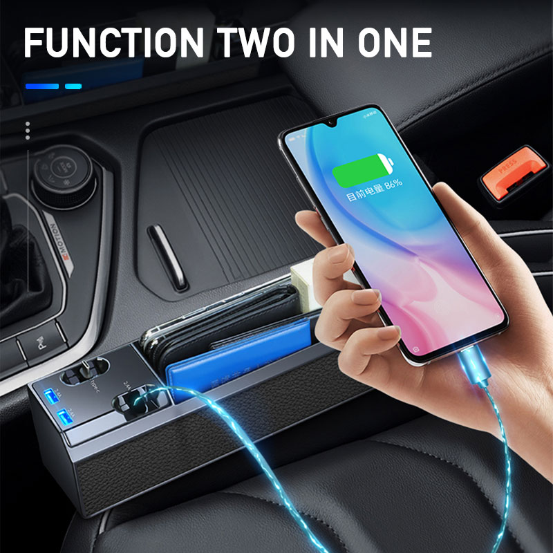 Auto Car Seat Crevice Plastic Storage Box Phone Holder Organizer with Charger Wire for IOS/Android/Type-C 2USB Port Accessories