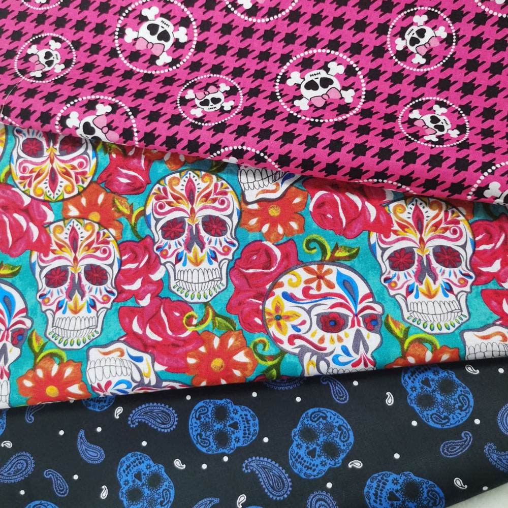 4pcs 35X25cm Black Rose Skull Flower Cotton Fabric Flower Ghost Sewing Clothing Tissue Telas Textile Patchwork Bundle DIY