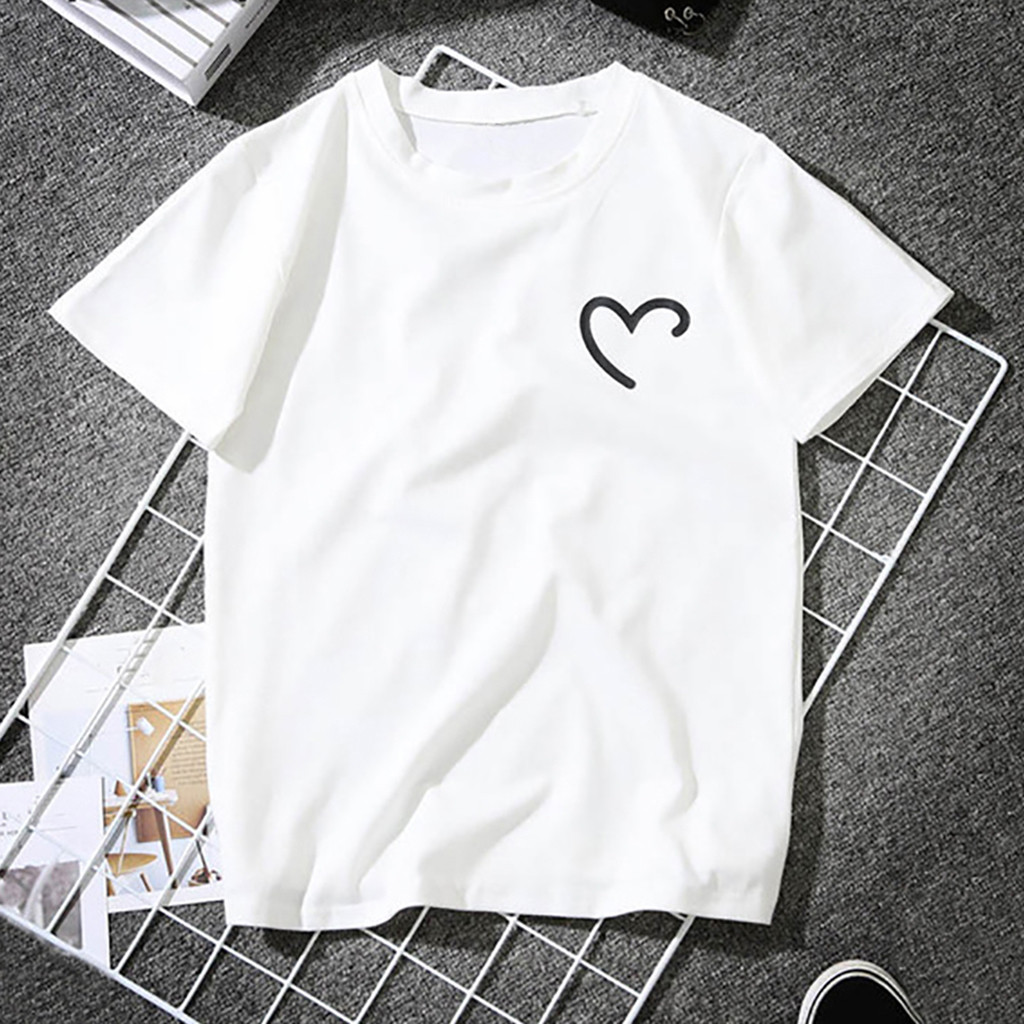 Women Girls Tshirt Plus Size Heart-shaped Print Funny Tees Shirt Casual Loose Short Sleeve T Shirt White Black Tops Ropa Mujer