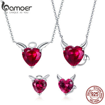 BAMOER Authentic 925 Sterling Silver Red CZ Evil And Angel Pendant Necklace Earrings Jewelry Set Sterling Silver Jewelry ZH067