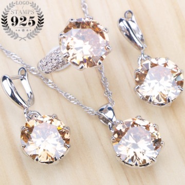 Silver 925 Jewelry Costume Bridal Jewelry Sets Champagne Zirconia Stones Earrings For Women Rings Pendant Necklace Set Gift Box