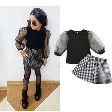 2PCS Girls Fashion set Transparent long puff sleeve black T shirt grey plaid button skirt dress outfit sweet girls Summer set