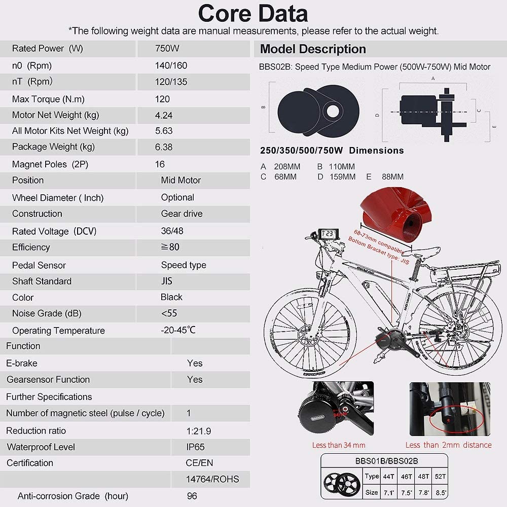E-bike Bafang BBS02B 48V 750W Mid Motor 52V 14Ah 48v 12Ah 17.5Ah Samsung Cell Battery Electric Bicycle Conversion Kits 68-73 mm