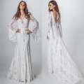 Bohemia Lace Beach Wedding Dress 2020 Vintage Boho Backless V-Neck Vestido De Noiva Long Flare Sleeve Wedding Bride Dresses