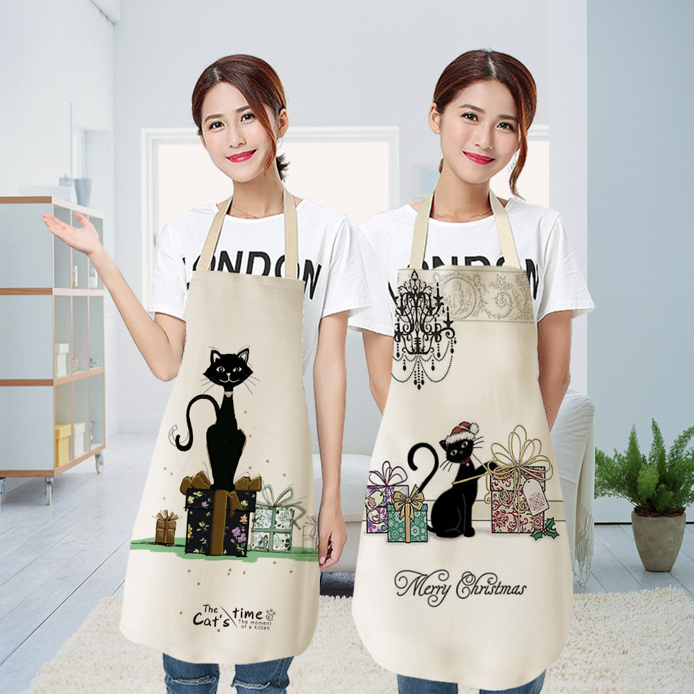Cute Black Cat Pattern Apron for Women Cotton Linen Bibs Household Kitchen Cleaning Pinafore Home Cooking Aprons