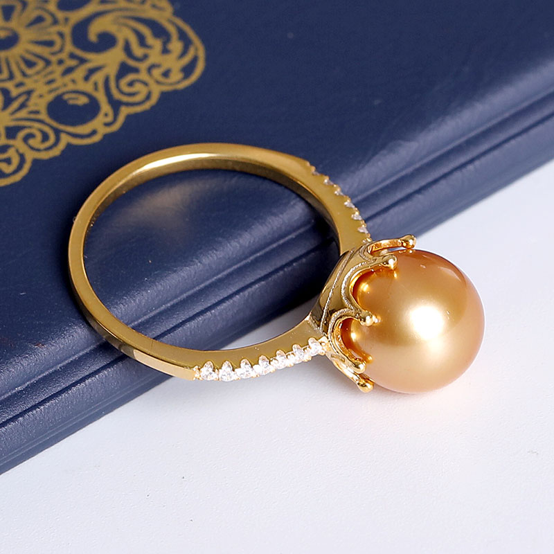 YS 9-10mm Natural Cultured Gold South Sea Saltwater Pearl 925 Sterling Silver Ring For Women Girl Fine Jewelry