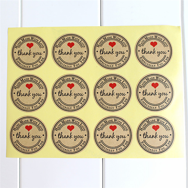 12/60/120PCS Round Labels Paper Bag Kraft Thank You Stickers Thank You Red Love Self-adhesive Stickers Garment Labels