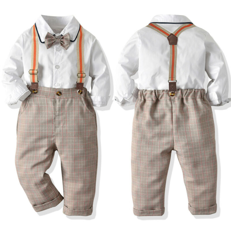 Citgeett Fall Autumn 2PCS Kids Baby Boys Gentleman Formal Outfits Shirt Tops Bib Pants Plaid Overalls Spring Set