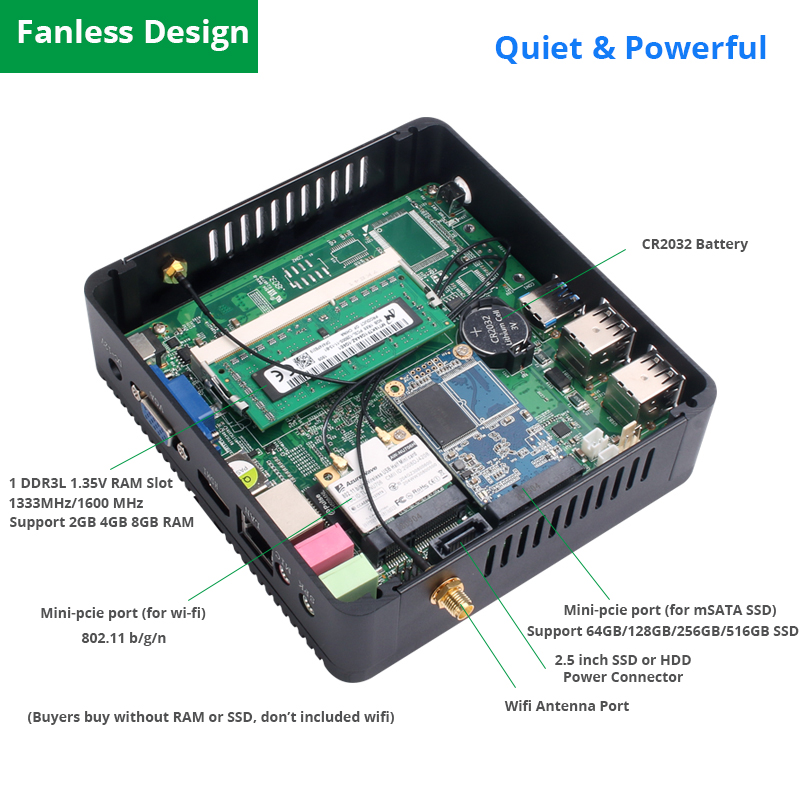 Fanless Mini Computer PC Quad-Core Intel Celeron J1900 HTPC 300M WiFi Gigabit Ethernet Windows 7/8/10 Linux 6*USB HDMI VGA