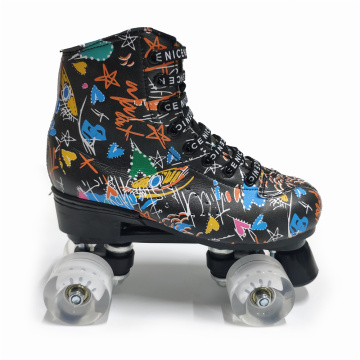 Print White Black Microfiber Roller Skates Double Row 4 Wheels PU Skating Shoes Skates Kids Gifts Roller Sneakers Training