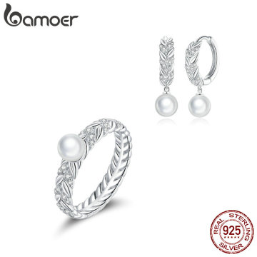 bamoer 925 Sterling Silver Gift with Shiny Wheat Ears Earrings and ring for Women Jewelry Sets Fine Jewelry Accessories ZHS218
