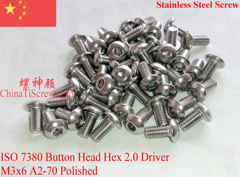 ISO 7380 Stainless Steel screws M3x6 Button Head Hex Driver A2-70 Polished ROHS 100 pcs