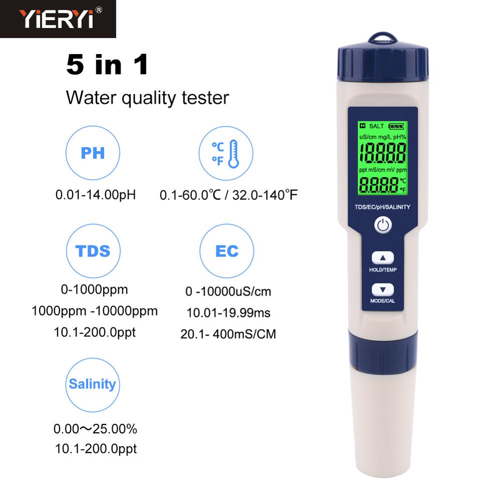 Yieryi Newest 5 in 1 TDS/EC/PH/Salinity/TEMP Water Quality Tester With Electrode Replaceable Can Measured Non-sea Salinity