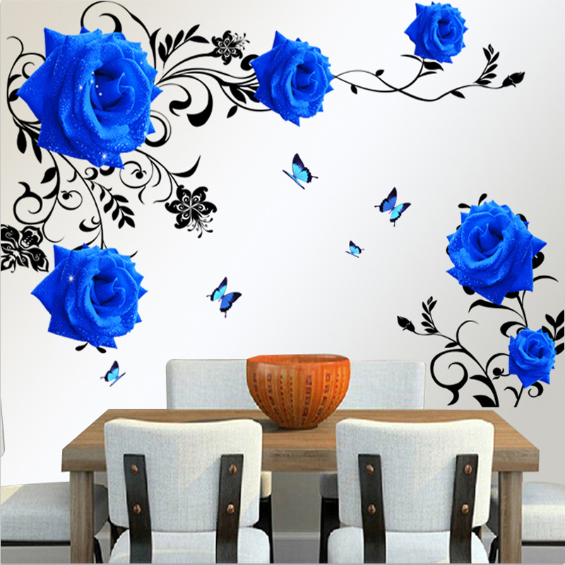 DIY Large Blue Rose Flowers Living Room Decoration Wall Stickers Sofa TV Entrance Background Wall Decals Removable Vinyl Posters