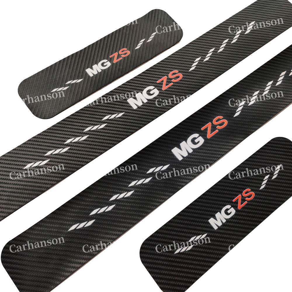 For MG ZS Accessories Car Door Sill Carbon Fibre Texture Leather Protector Sticker Threshold Pedal Scuff Plate Kick Styling Trim