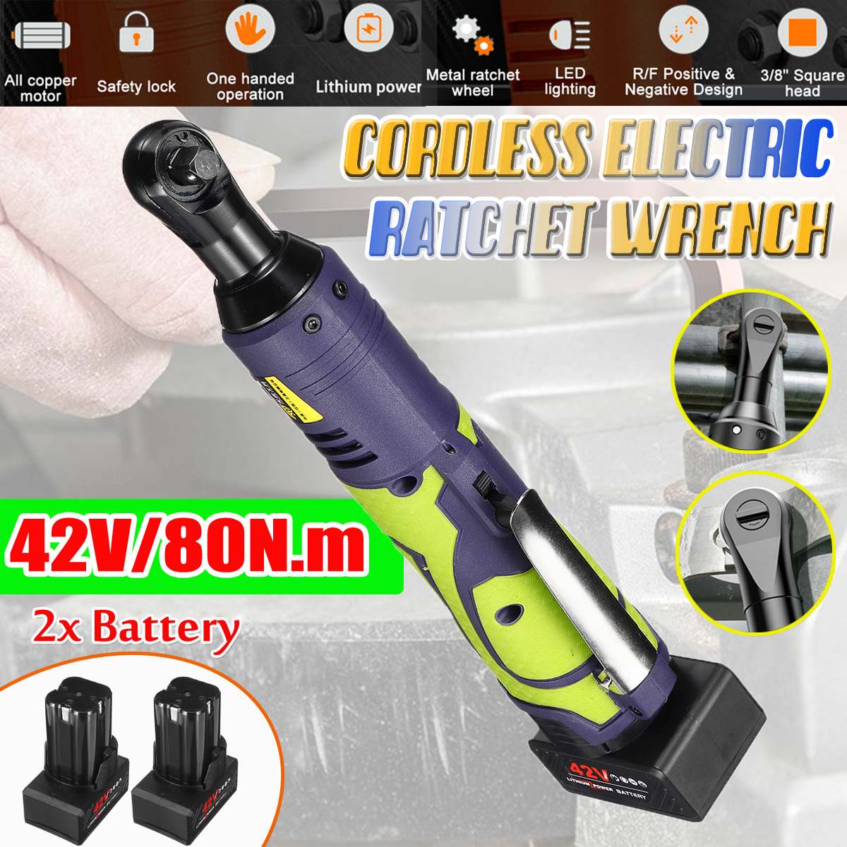42V Rechargeable Electric Wrench 3/8" Ratchet Wrench 80N.M Cordless Ratchet Wrench Scaffolding Tools with 2 Lithium Battery