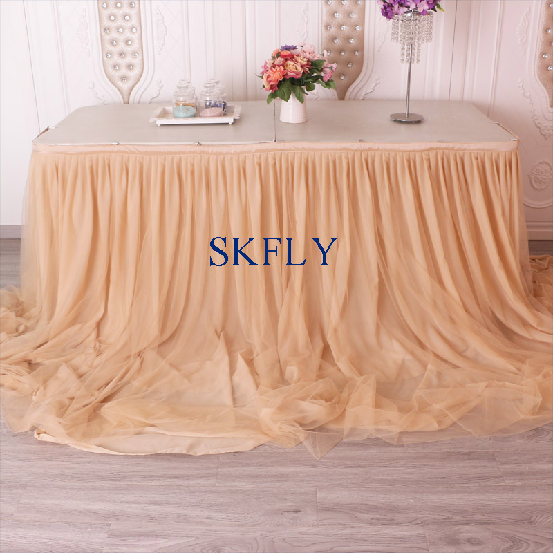 CL072E beautiful popular many colors custom made long drop wedding champagne table skirt for 6ft rectangle table