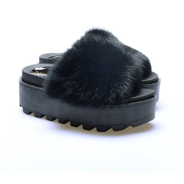 Women Slippers Real Fur Platform Flat Shoes Thick Sole Fashion Autumn Winter Flip Flop Outdoor Non-slip Casual Solid Female