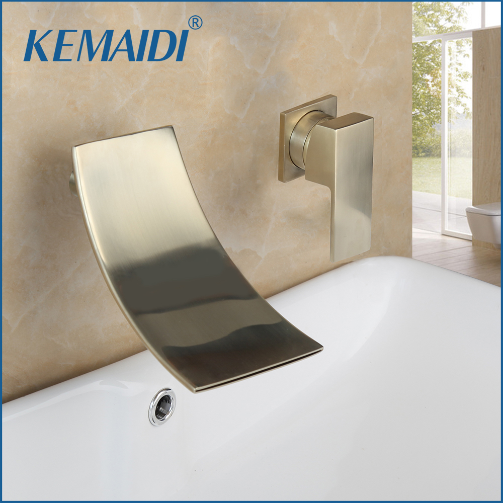 KEMAIDI Brush Gold Wall Mounted Waterfall Spout Chrome Bathroom Basin Sink Faucet Single Handle Hot And Cold Mixer Tap