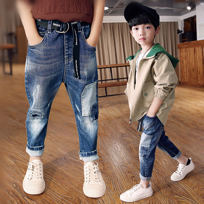 Cowboy Baby Boys Jeans Boys Ripped Patches Jeans Fashion Kids Denim PP Pants Legs 5 8 14 16 years Children Leisure Pants