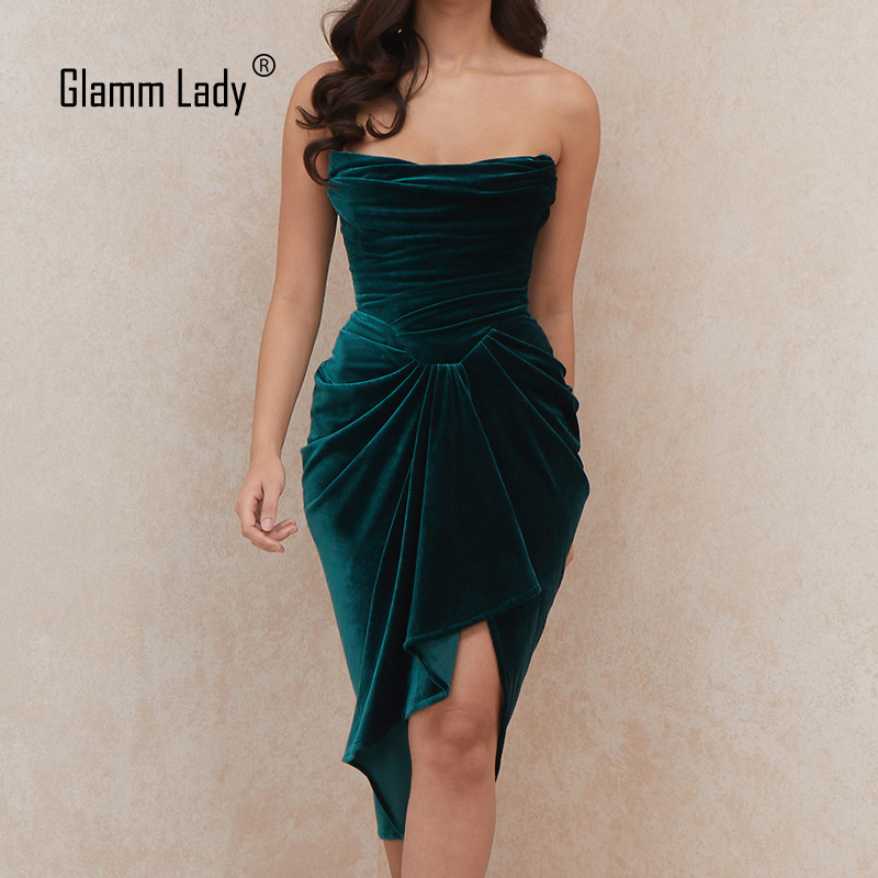 Glamm Lady Velvet Winter Casual Sexy Dress For Womens Strapless Midi Autumn Party Dress Club Bodycon Dress Solid Split Vestidos