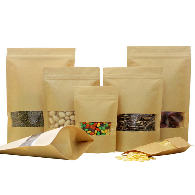 50pcs/lot Stand up zip lock kraft Gift paper bag with matte translucent window inside with PE kraft paper pouch new